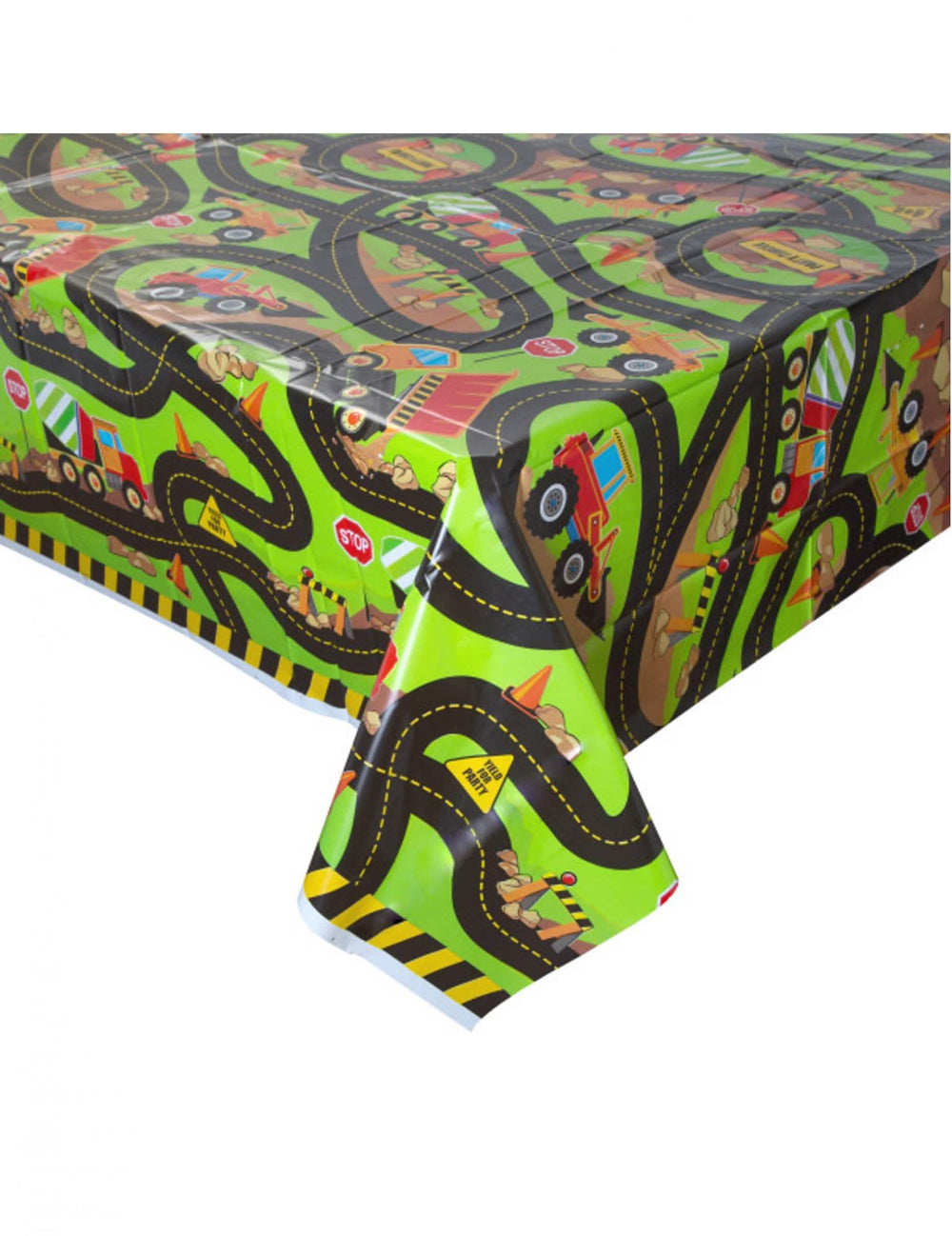 Nappe en plastique chantier pour enfant verte avec motifs de routes et engins de construction