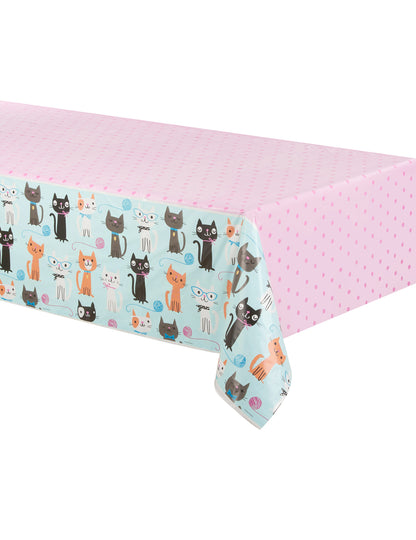Nappe en plastique chats pour anniversaire bleue et rose
