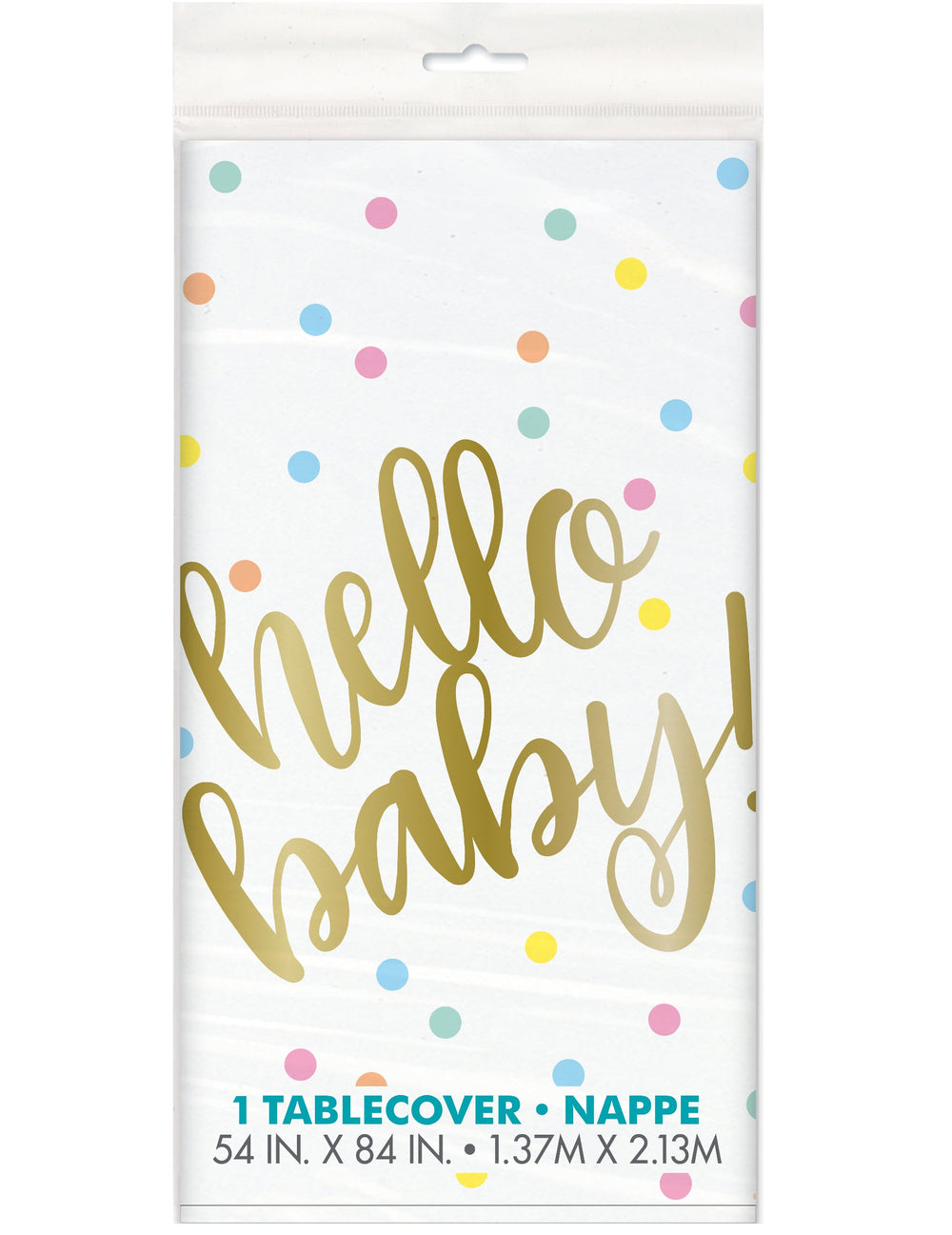 Nappe en plastique Hello Baby pour fête de naissance blanche et or à pois