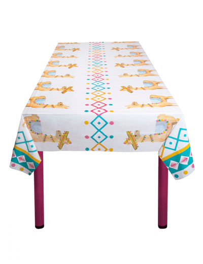 Nappe en plastique lama pour fête blanche à motifs géométriques et sombreros