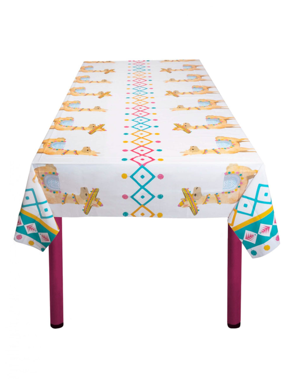 Nappe en plastique lama pour fête blanche à motifs géométriques et sombreros