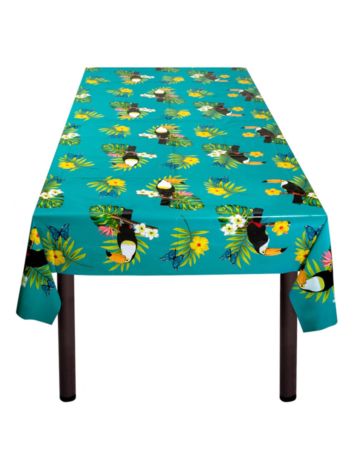 Plastic tafelkleed met toekan voor feest, turquoise met tropische motieven en bloemen