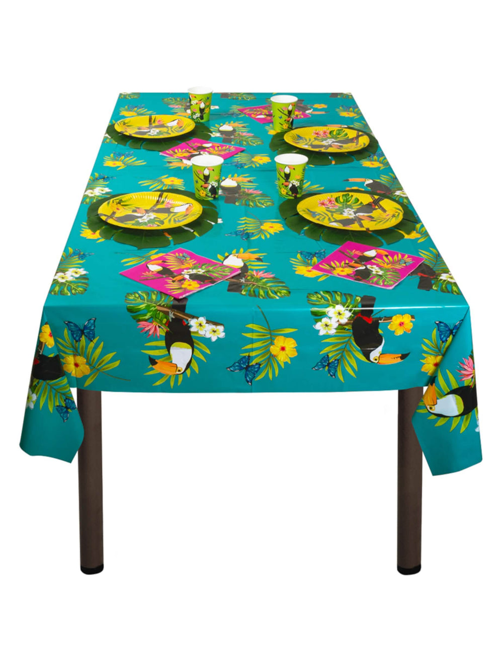 Tafeldecoratie voor een feestelijke tafel met de plastic tafellaken toekan