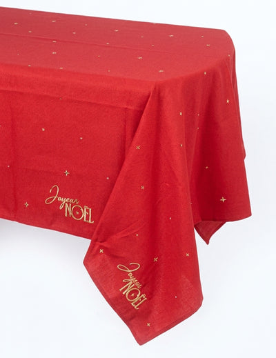 Nappe en tissu Joyeux Noël rouge et or 140 x 240 cm
