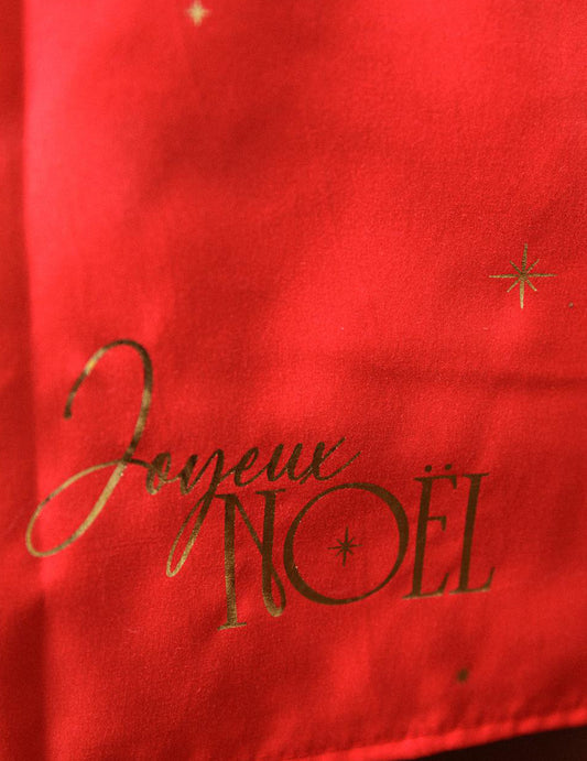 Nappe en tissu Joyeux Noël rouge et or 140 x 240 cm
