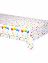 Nappe plastique Happy Birthday pour anniversaire blanche à motifs confettis et ballons multicolores