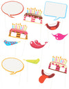 Pack photobooth anniversaire pour fête multicolore avec bulles et gâteaux