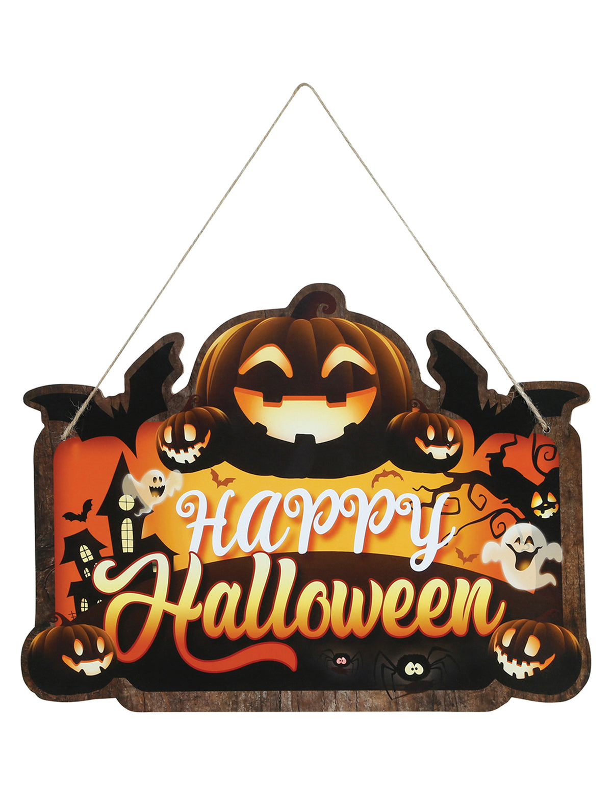 Vue de face avec cordelette de suspension de la pancarte en bois Happy Halloween citrouille