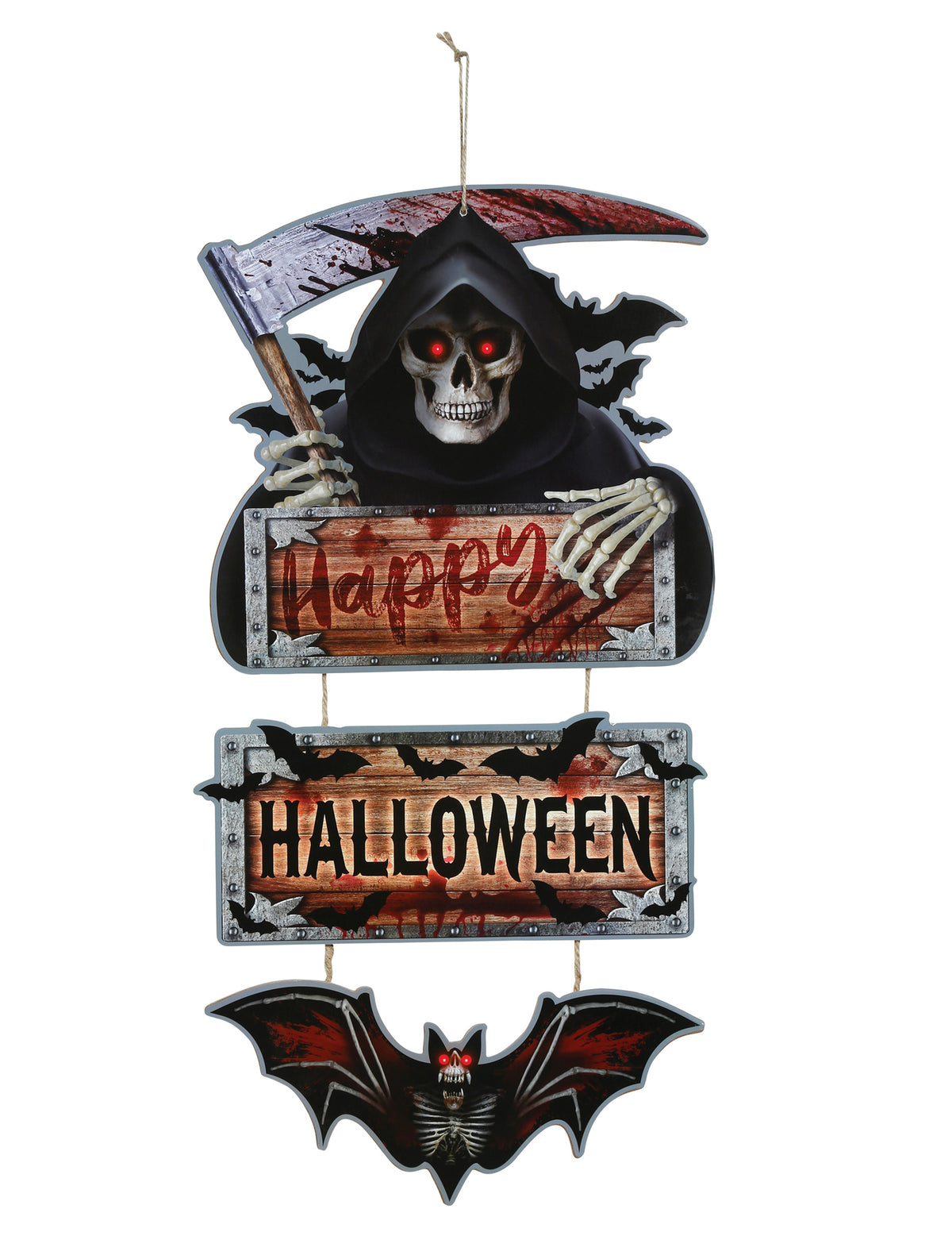 Vue de face de la pancarte Happy Halloween faucheuse