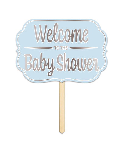 Panneau en carton Welcome to the baby shower bleu avec tige en bois