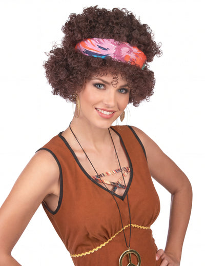 Bruine afro hippie pruik voor volwassenen