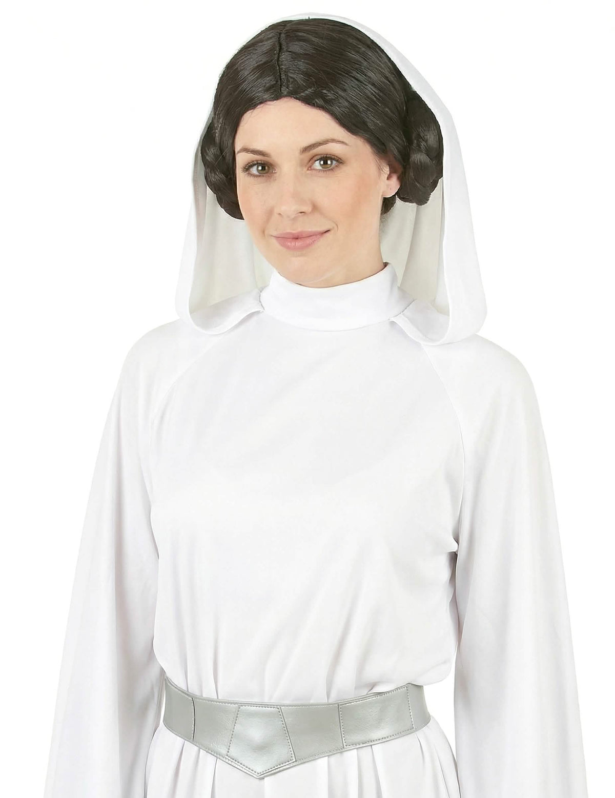 Vue de face avec capuche de la perruque avec chignon pour femme noire