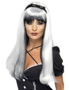 Perruque blanche et noire avec noeud noir pour femme bicolore longue avec frange
