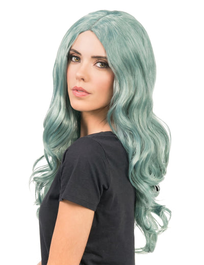 Perruque coiffable longue ondulée verte luxe femme