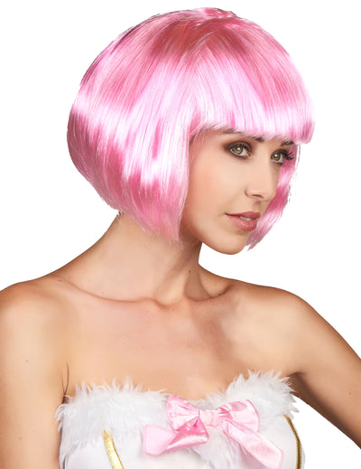 Perruque courte à frange pour femme rose