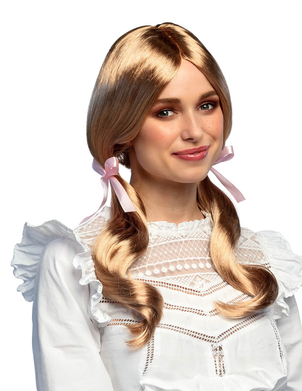Perruque écolière pour femme blonde avec nœuds roses