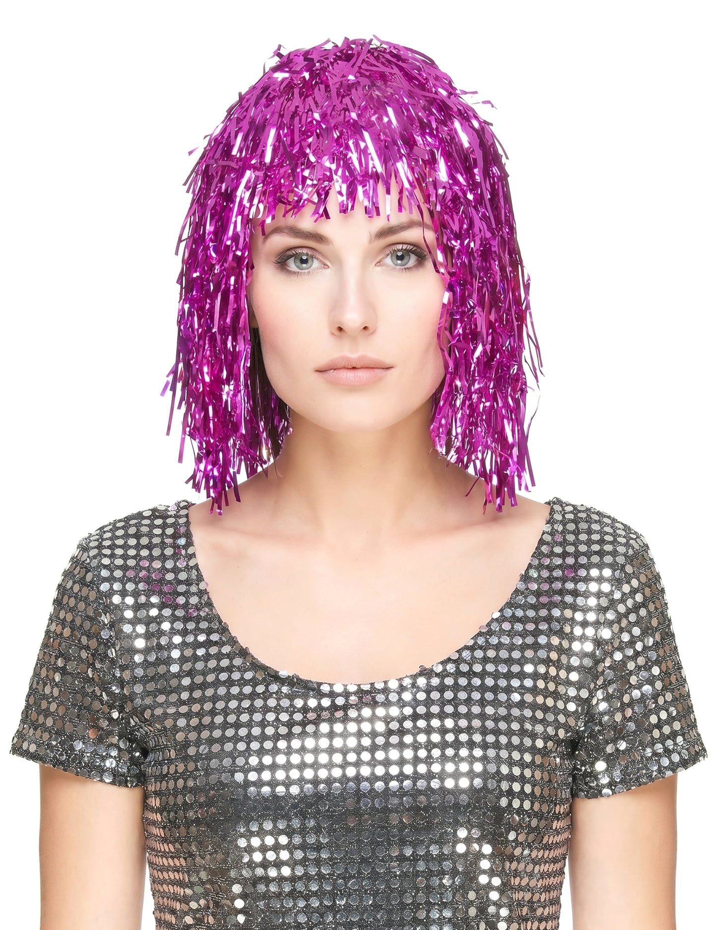 Fuchsia glitterpruik voor volwassenen