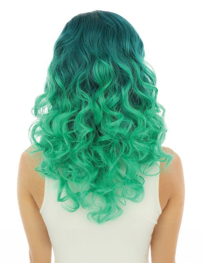 Vue de dos de la perruque tie and dye luxe pour adulte verte ondulée