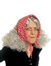 Perruque de vieille femme pour femme grise avec foulard rouge à fleurs blanches