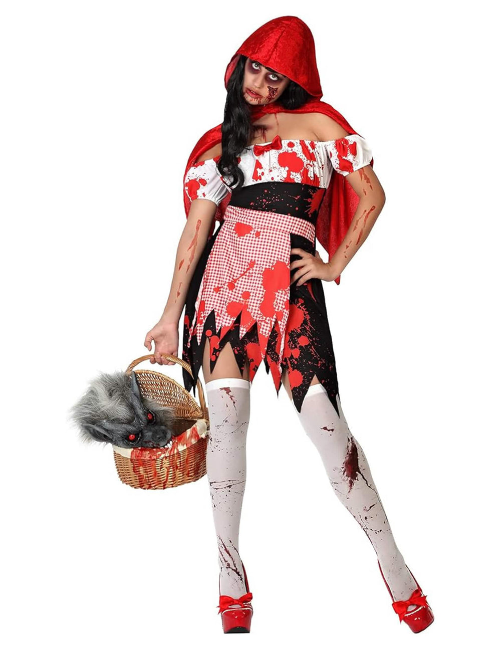 Verkleedkostuum van zombies roodkapje voor dames, rood en zwart bebloed