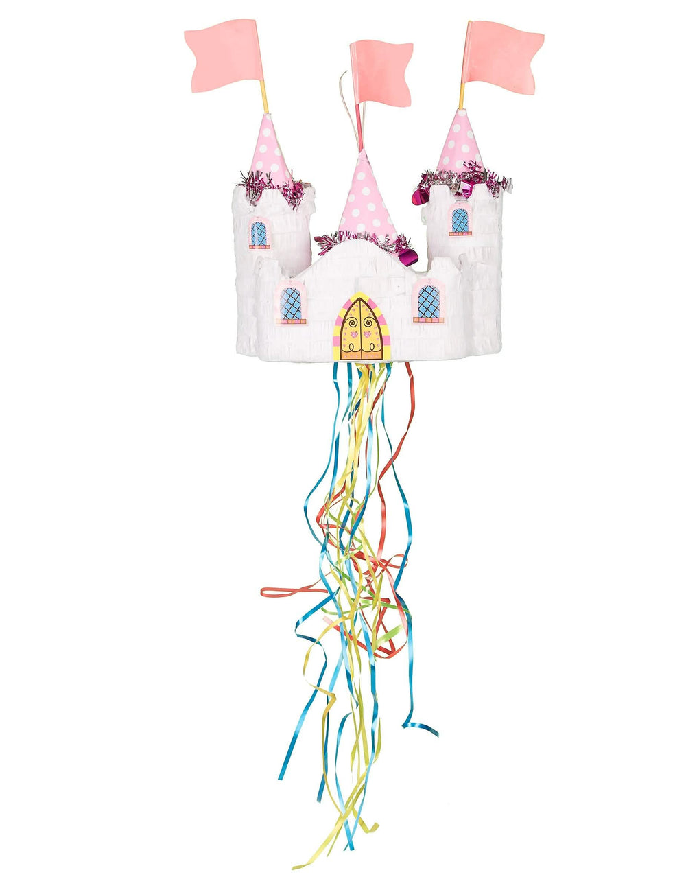 Piñata château de princesse pour enfant blanche et rose avec rubans colorés
