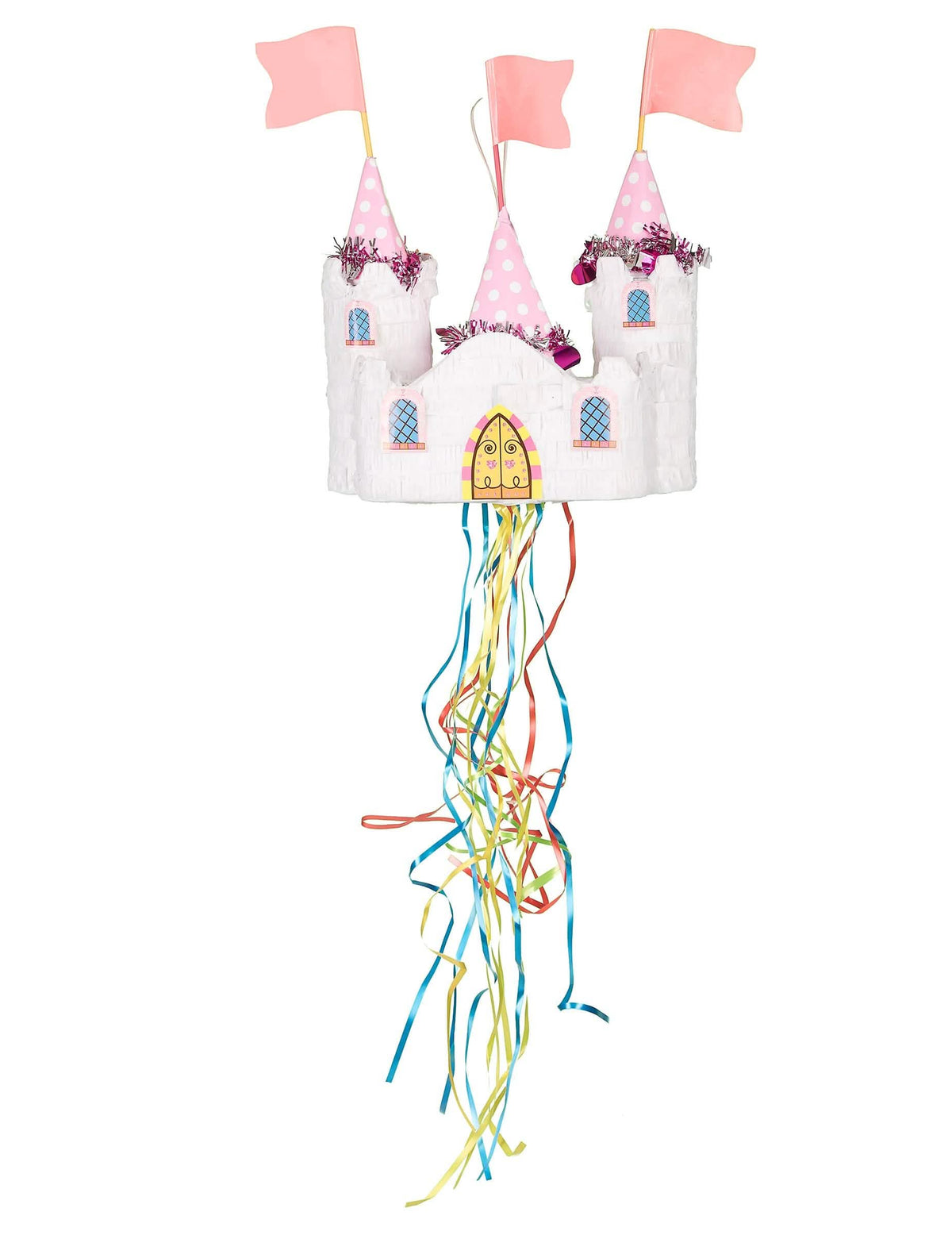 Piñata château de princesse pour enfant blanche et rose avec rubans colorés