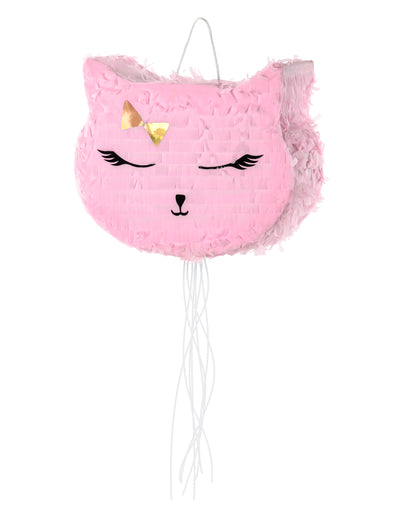 Piñata chat pour anniversaire rose avec nœud doré