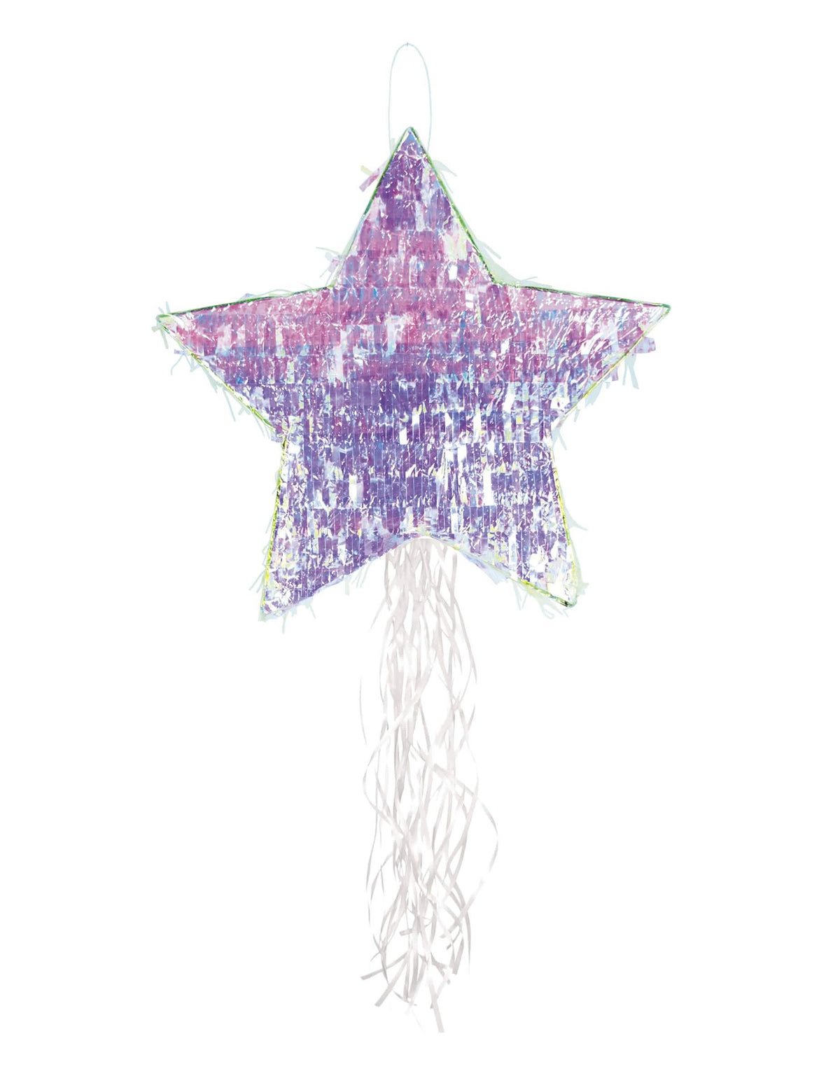 Piñata étoile pour fête irisée avec rubans blancs