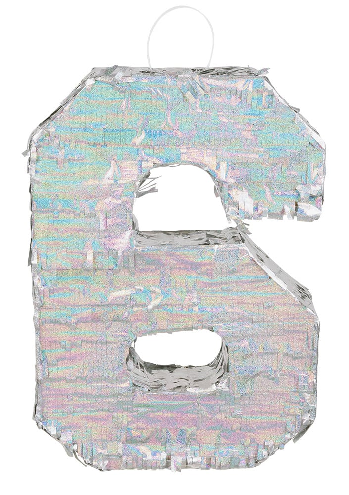 Vue de face de la piñata chiffre 6 holographique argent à garnir