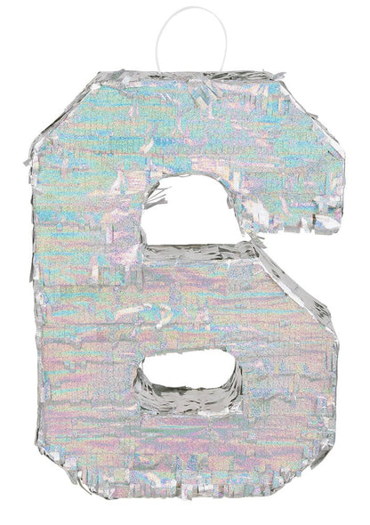 Vue de face de la piñata chiffre 6 holographique argent à garnir