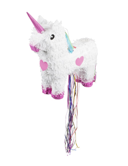 Pinata licorne pour enfant blanche et rose avec rubans multicolores