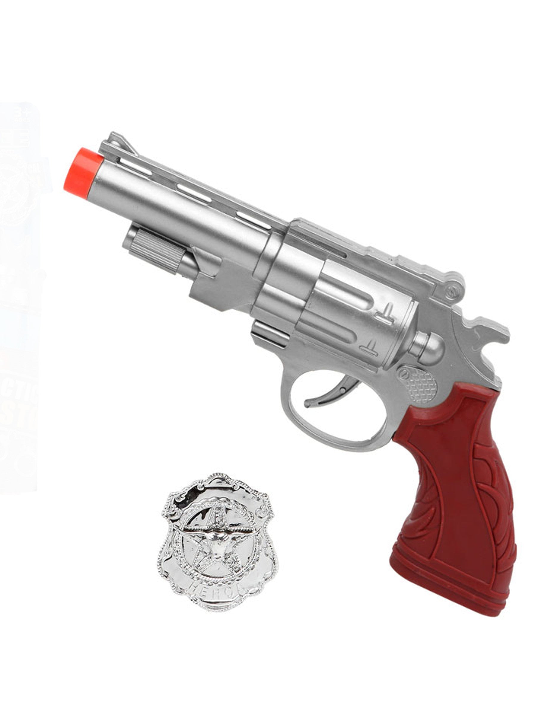 Pistolet de police pour enfant argenté avec plaque et crosse marron