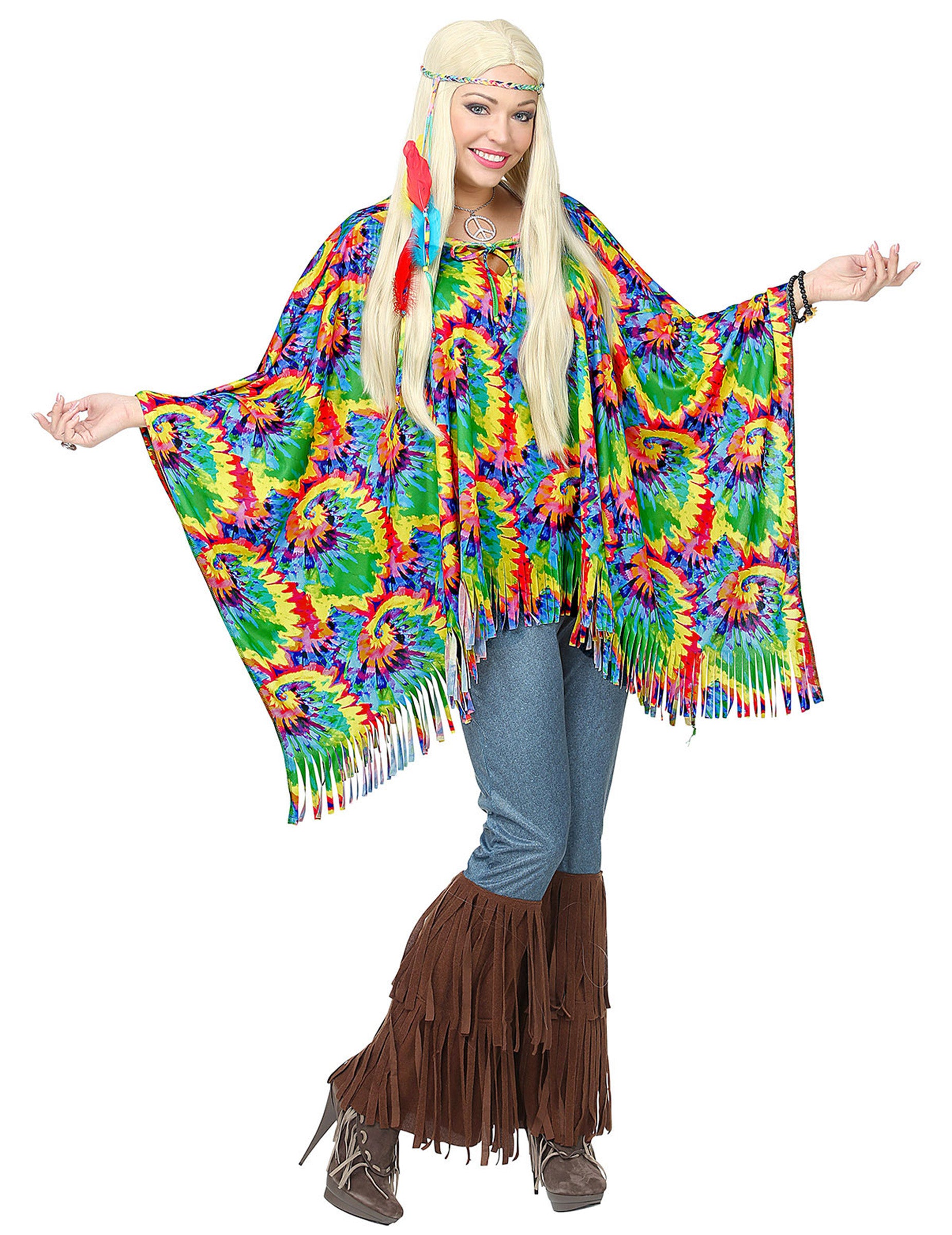 Vue de face du poncho et tour de tête hippie psychédélique