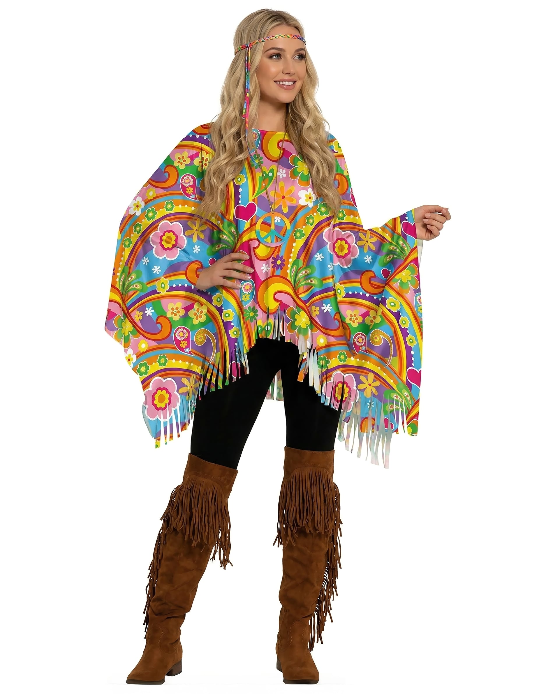 Poncho peace and love pour adulte multicolore avec motifs fleurs et franges