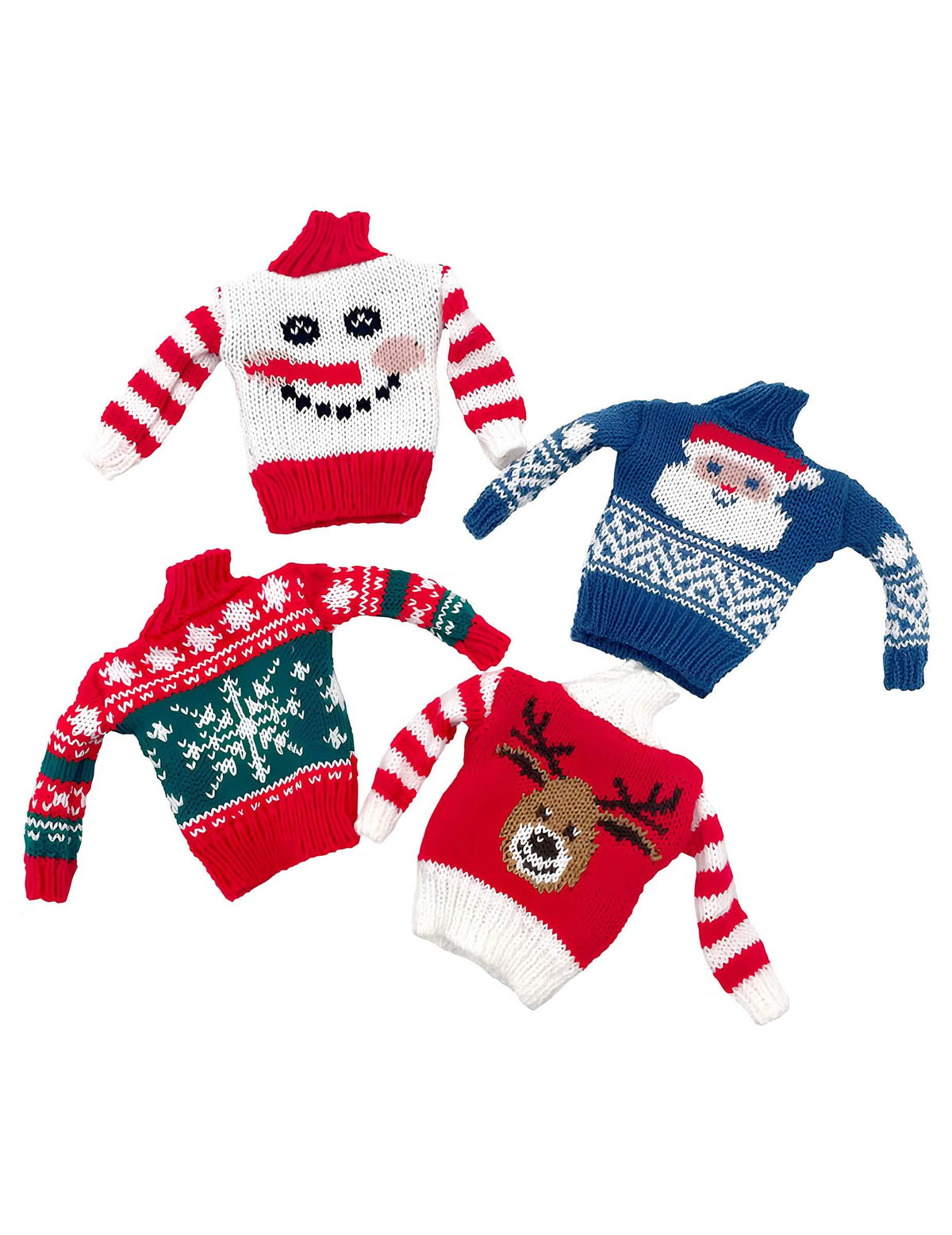 Pull de noël pour poupée lutin farceur modèles variés avec motifs renne et bonhomme de neige
