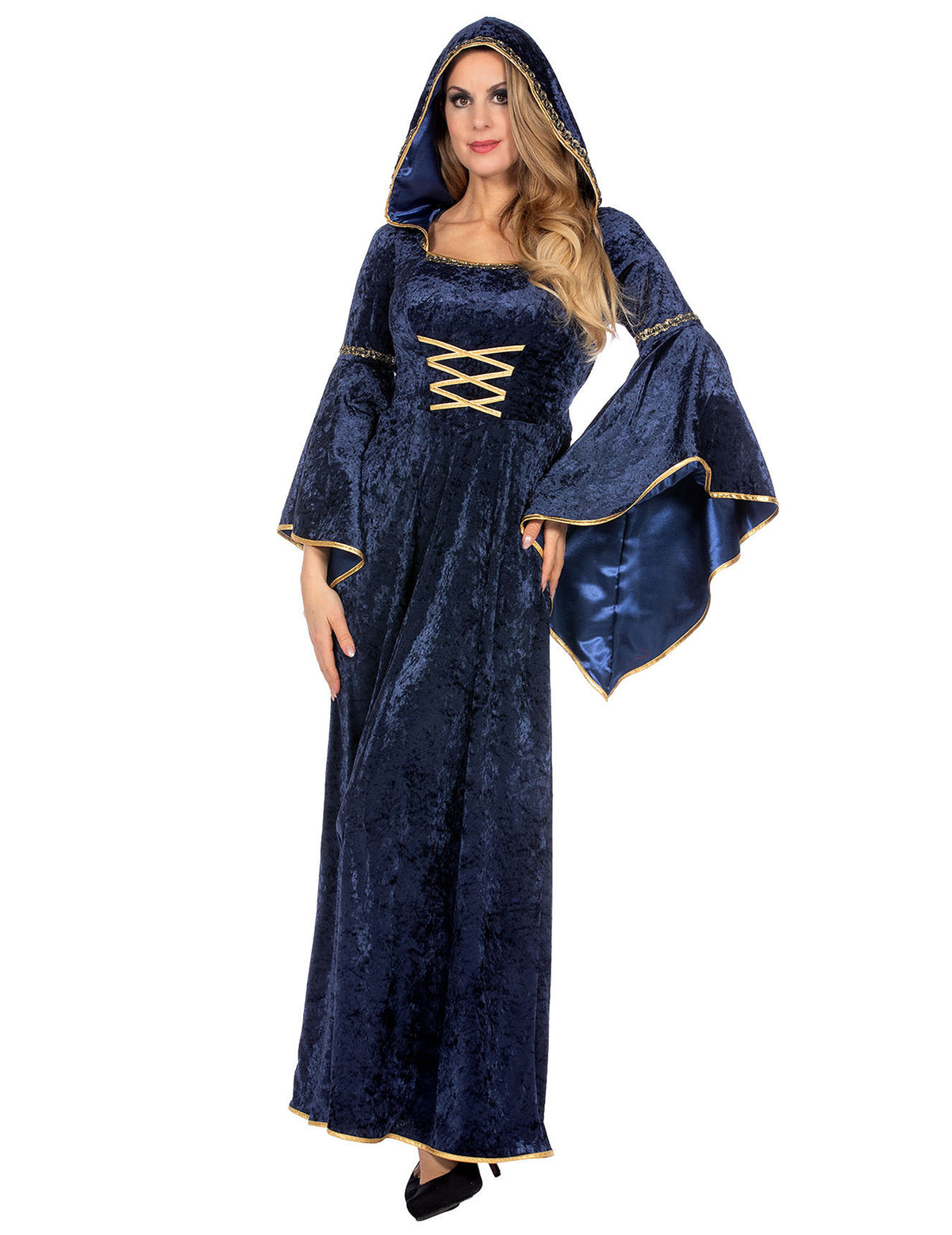Robe médiévale longue à capuche bleu marine luxe femme