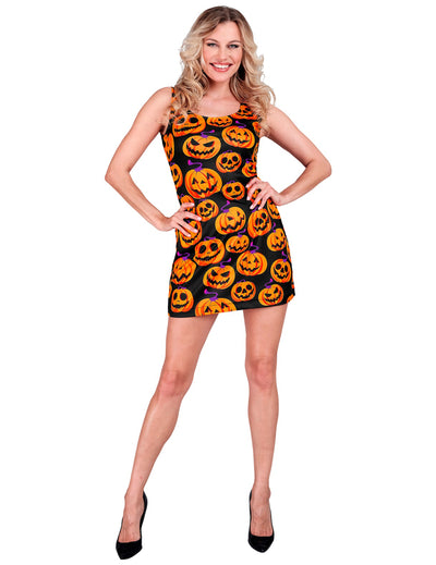 Zwarte jurk met pompoenmotieven voor dames