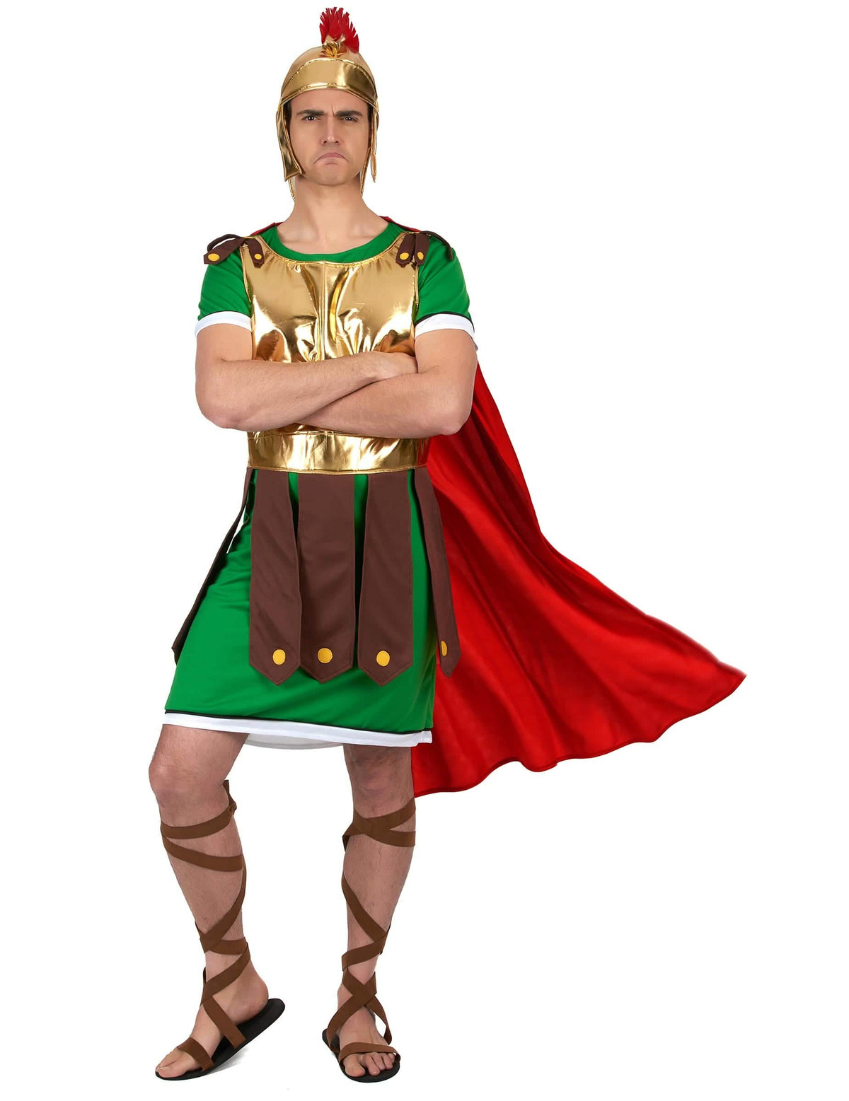 Déguisement de centurion romain pour homme vert et or avec cape rouge