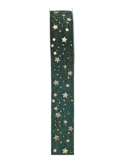 Dennengroen lint met gouden sterren 2,5 cm x 3 m