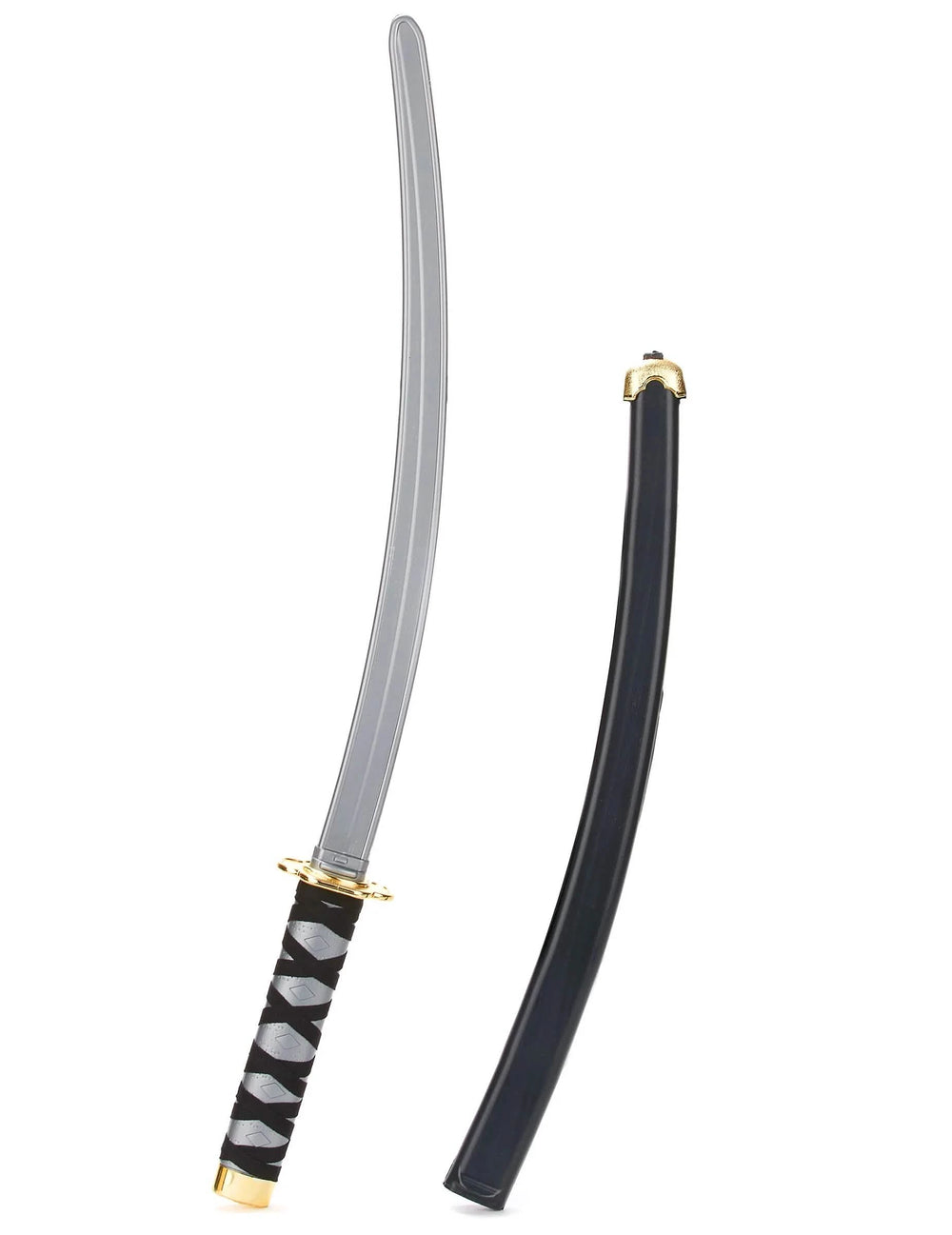 Gros plan sur la lame et le fourreau du sabre ninja en plastique pour adulte