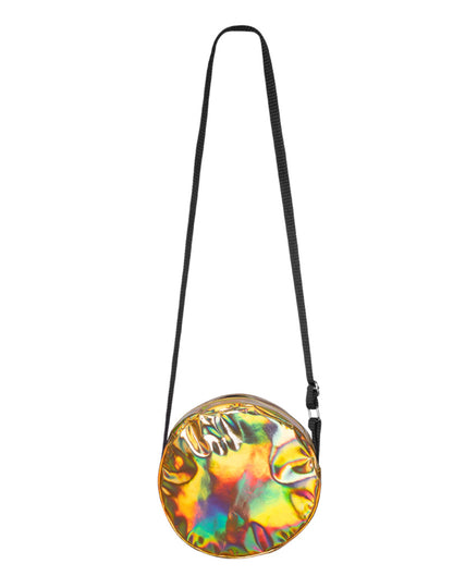 Mise en situation du sac à bandoulière rond holographique pour adulte doré