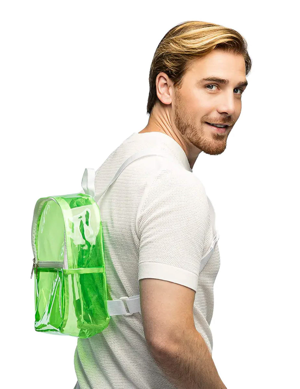 Vue de profil du sac à dos transparent vert fluo