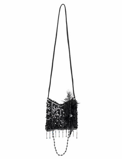 Sac charleston années 20 pour femme noir avec paillettes et plumes