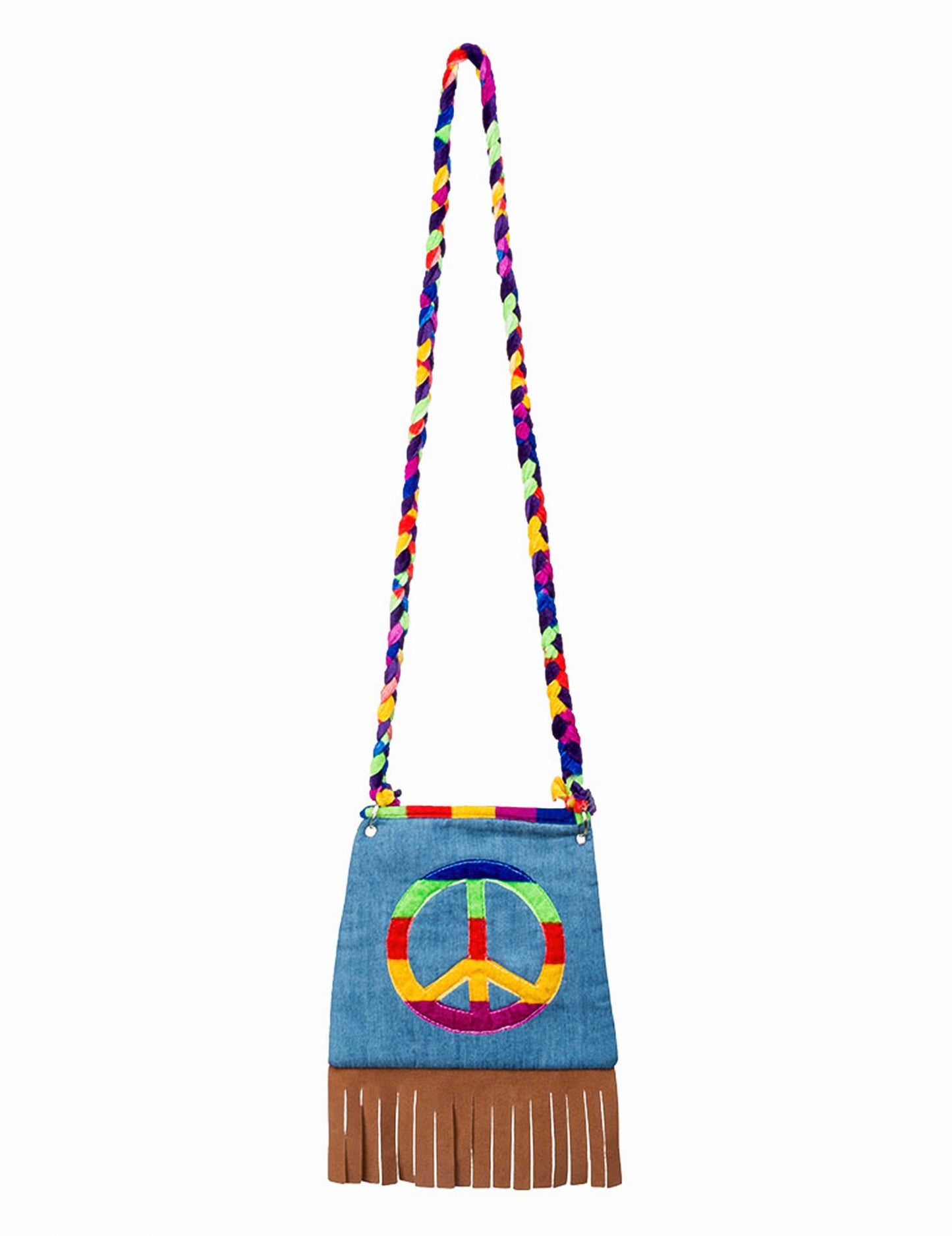 Sac hippie pour adulte en jean bleu avec symbole peace and love multicolore et franges