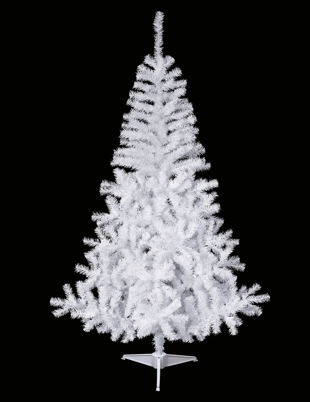 Realistische besneeuwde wit kunstkerstboom op voet