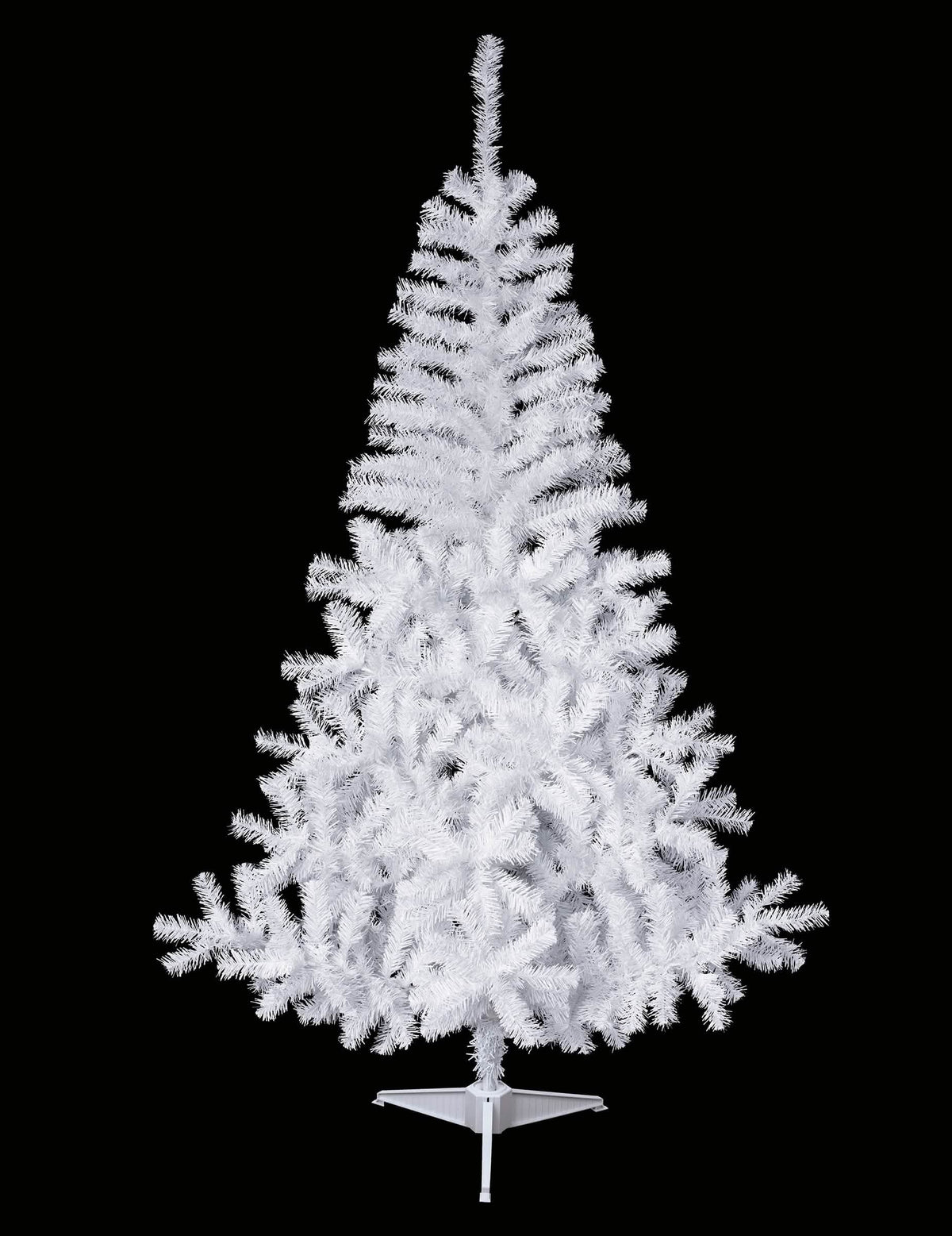 Realistische besneeuwde wit kunstkerstboom op voet