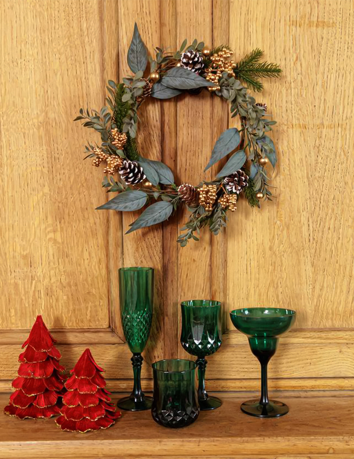 Kerstboom fluweel rood en goud 12 x 16 cm