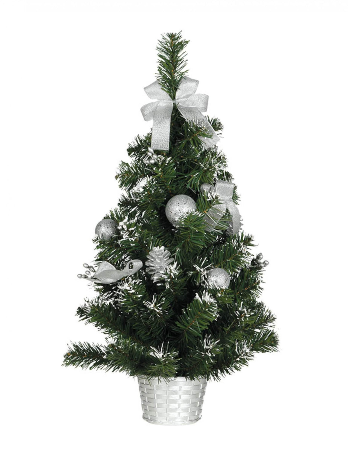 Sapin sur pied avec décorations argentées aspect enneigé