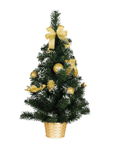 Sapin artificiel sur pied avec décorations dorées pour fête vert enneigé