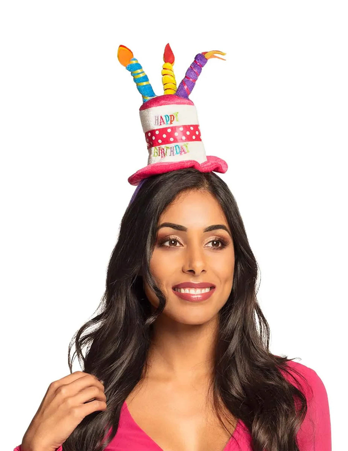 Serre-tête chapeau anniversaire pour adulte rose et blanc avec bougies colorées